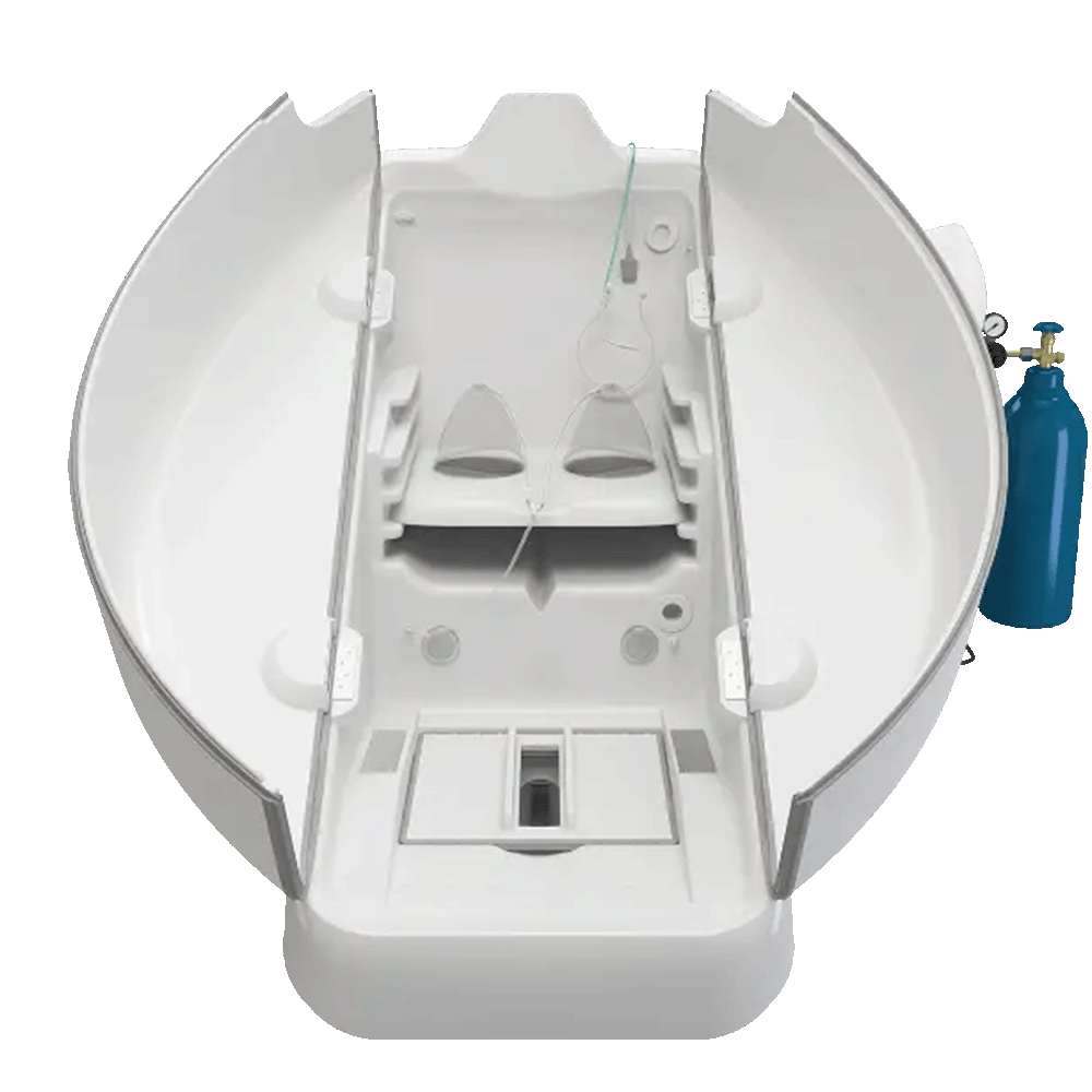 HOCATT wellness chamber, open clamshell view with oxygen supply